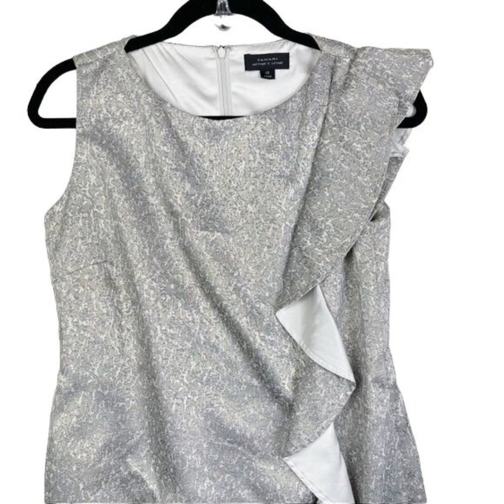 Tahari ASL Gold Brocade Sleeveless Cocktail Dress Vertical Ruffle Detail Size 10 - Picture 2 of 9